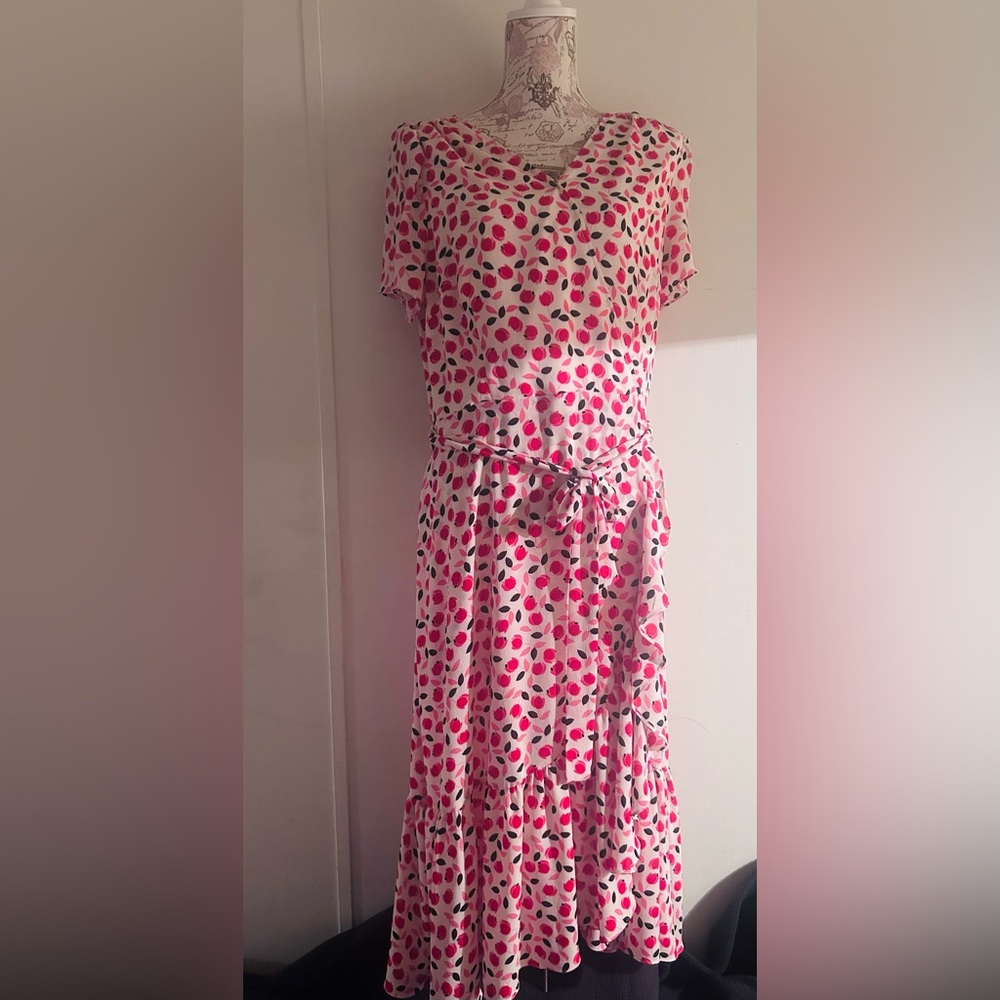 Talbots Pink and Floral Red Tulips Midi Dress